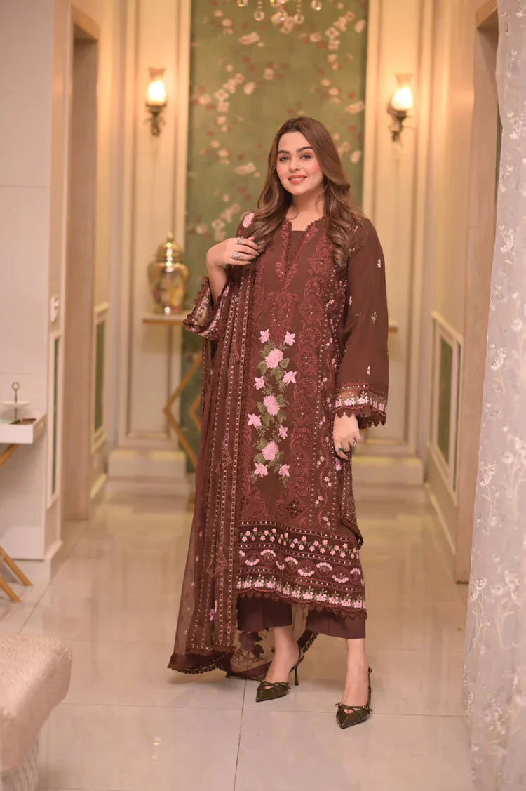 ANEELAS-3PC LAWN CHIKAN EMBROIDERED SHIRT WITH LAWN EMB DUPATTA AND TROUSER-BIC-4809 Asasay Fakhir