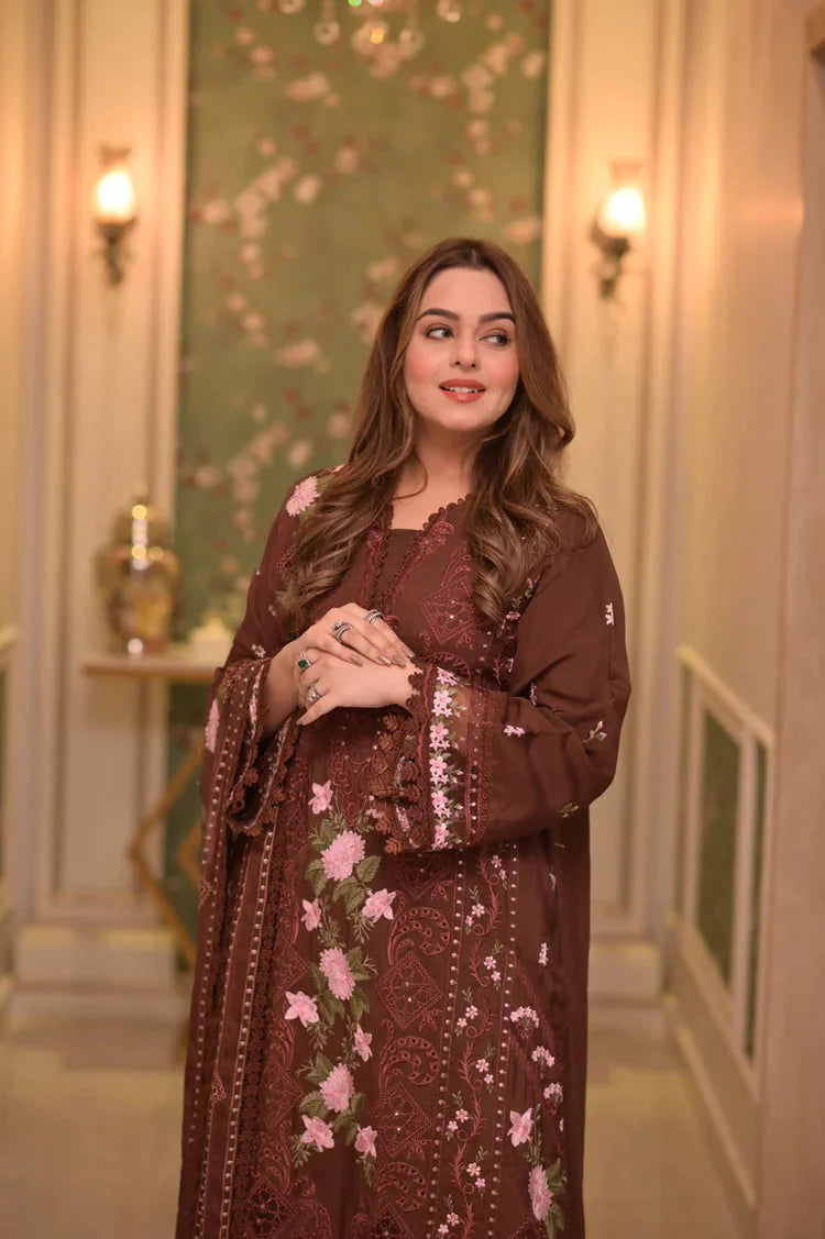 ANEELAS-3PC LAWN CHIKAN EMBROIDERED SHIRT WITH LAWN EMB DUPATTA AND TROUSER-BIC-4809 Asasay Fakhir