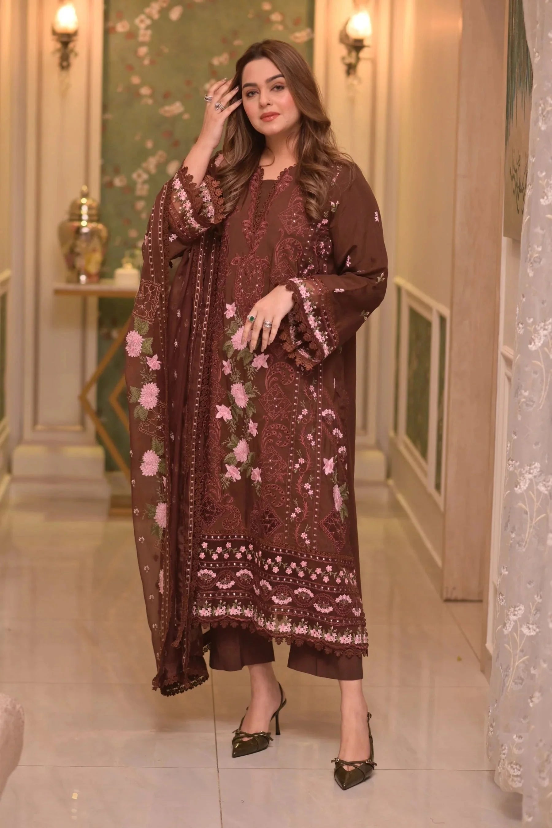 ANEELAS-3PC LAWN CHIKAN EMBROIDERED SHIRT WITH LAWN EMB DUPATTA AND TROUSER-BIC-4809 Asasay Fakhir