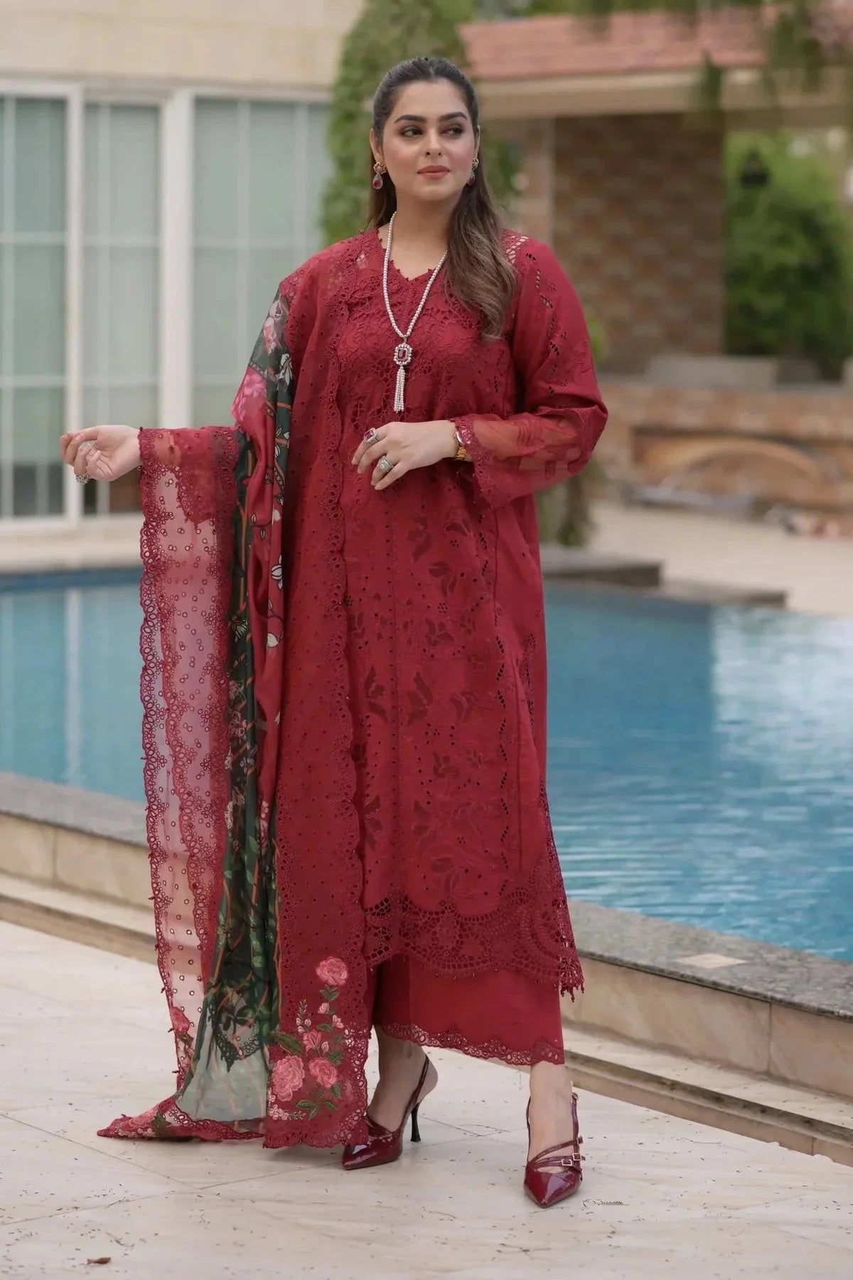 ANEELAS-3PC LAWN CHIKAN LASER WORK EMBROIDERED SHIRT WITH CHIFFON PRINTED EMB DUPATTA AND TROUSER-BIC-4875 Asasay Fakhir