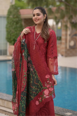 ANEELAS-3PC LAWN CHIKAN LASER WORK EMBROIDERED SHIRT WITH CHIFFON PRINTED EMB DUPATTA AND TROUSER-BIC-4875 Asasay Fakhir