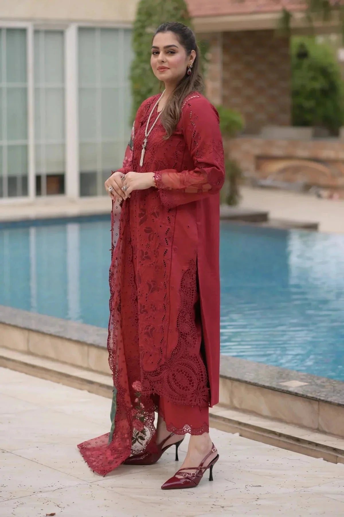 ANEELAS-3PC LAWN CHIKAN LASER WORK EMBROIDERED SHIRT WITH CHIFFON PRINTED EMB DUPATTA AND TROUSER-BIC-4875 Asasay Fakhir