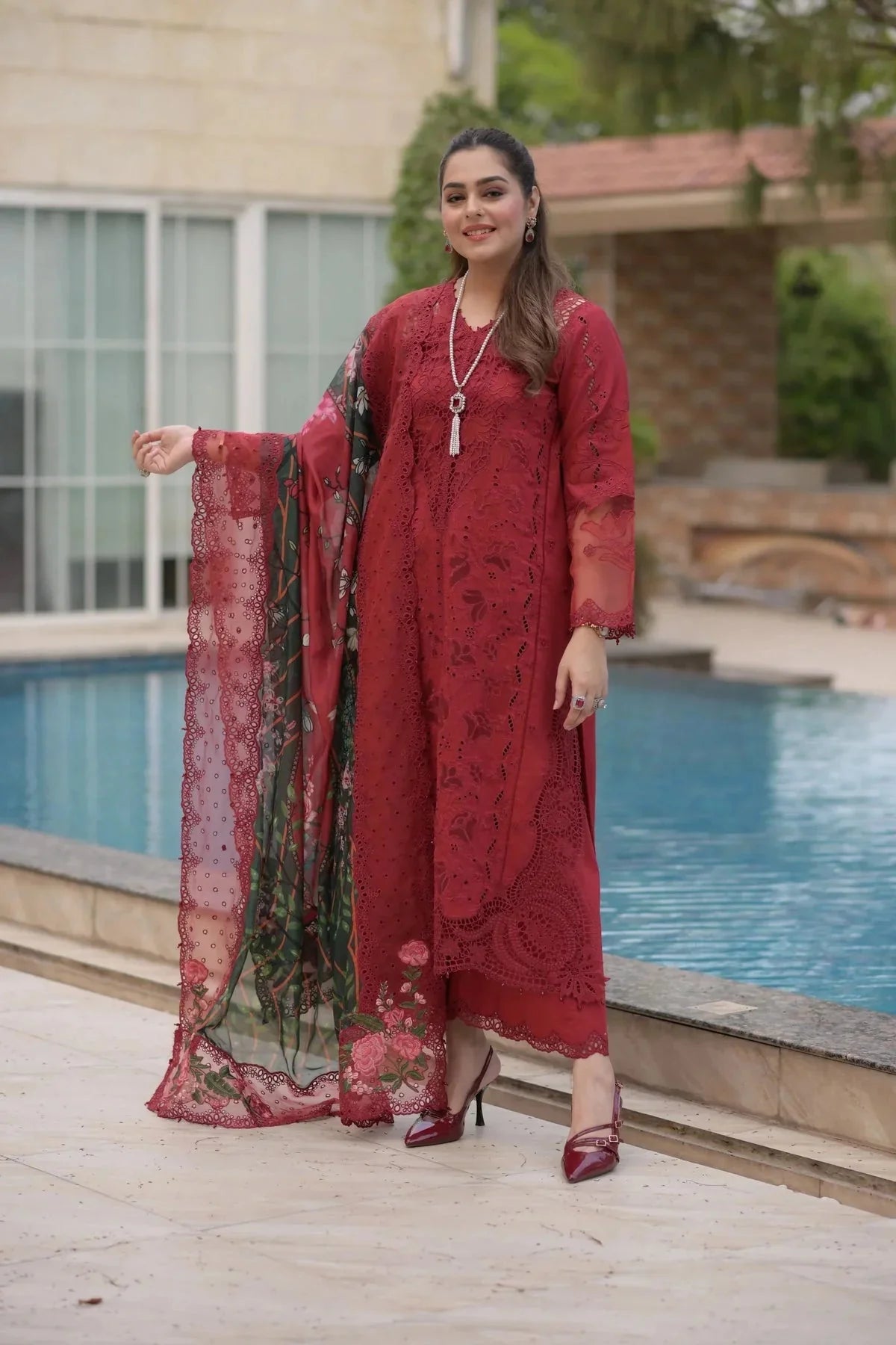 ANEELAS-3PC LAWN CHIKAN LASER WORK EMBROIDERED SHIRT WITH CHIFFON PRINTED EMB DUPATTA AND TROUSER-BIC-4875 Asasay Fakhir