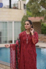 ANEELAS-3PC LAWN CHIKAN LASER WORK EMBROIDERED SHIRT WITH CHIFFON PRINTED EMB DUPATTA AND TROUSER-BIC-4875 Asasay Fakhir
