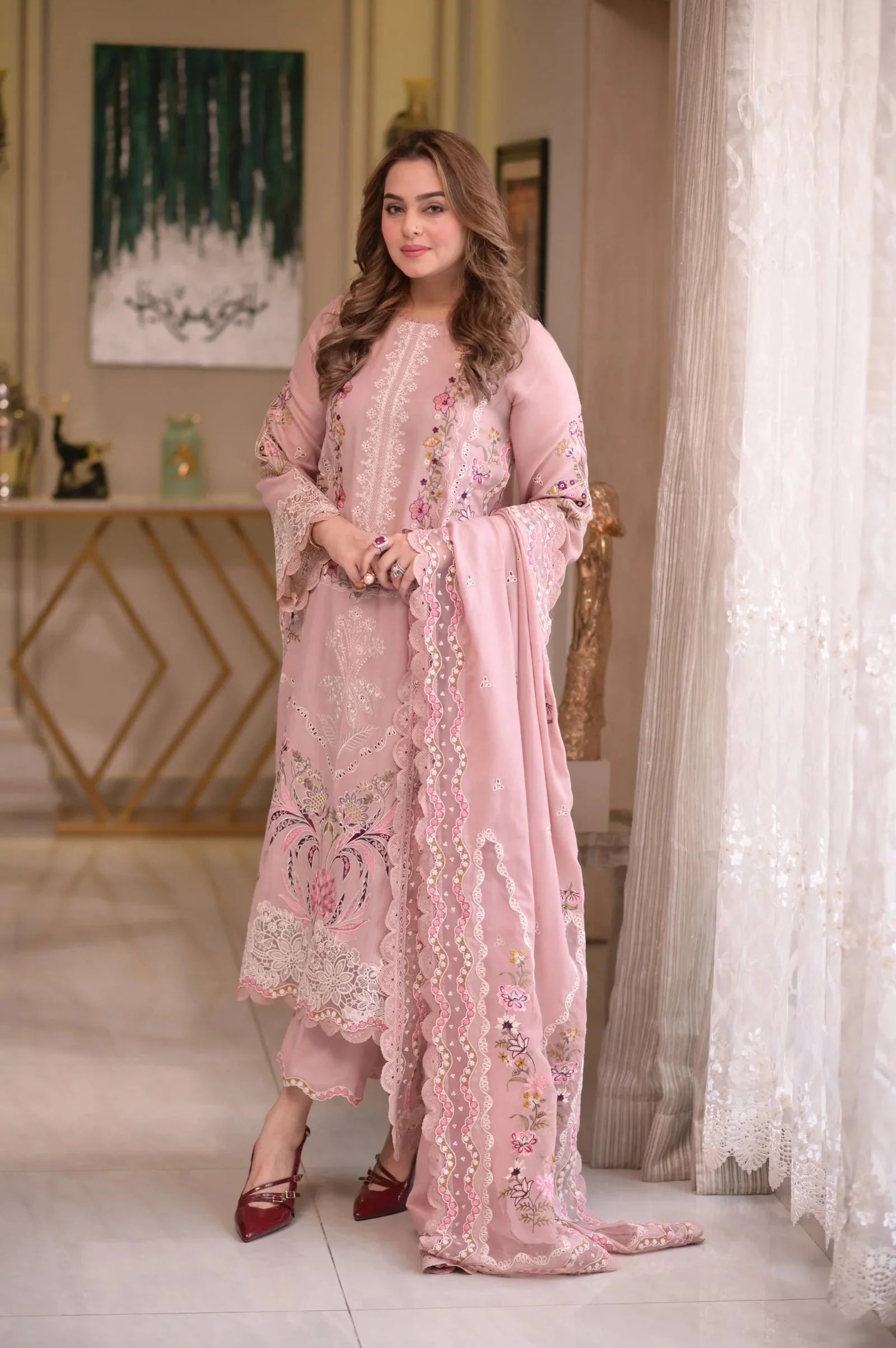 ANEELAS-3PC LAWN CHIKAN EMBROIDERED SHIRT WITH LAWN EMB DUPATTA AND TROUSER-BIC-4667 Asasay Fakhir