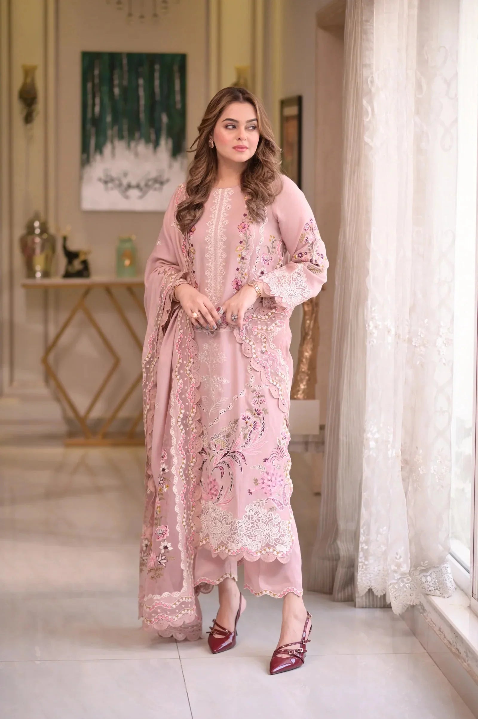 ANEELAS-3PC LAWN CHIKAN EMBROIDERED SHIRT WITH LAWN EMB DUPATTA AND TROUSER-BIC-4667 Asasay Fakhir