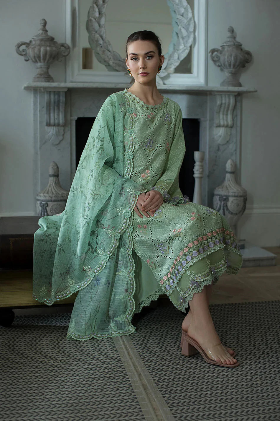 SOBIA NAZIR-3PC LAWN EMBROIDERED SHIRT WITH CHIFFON PRINTED EMB DUPATTA AND TROUSER-BIC-4616 Asasay Fakhir