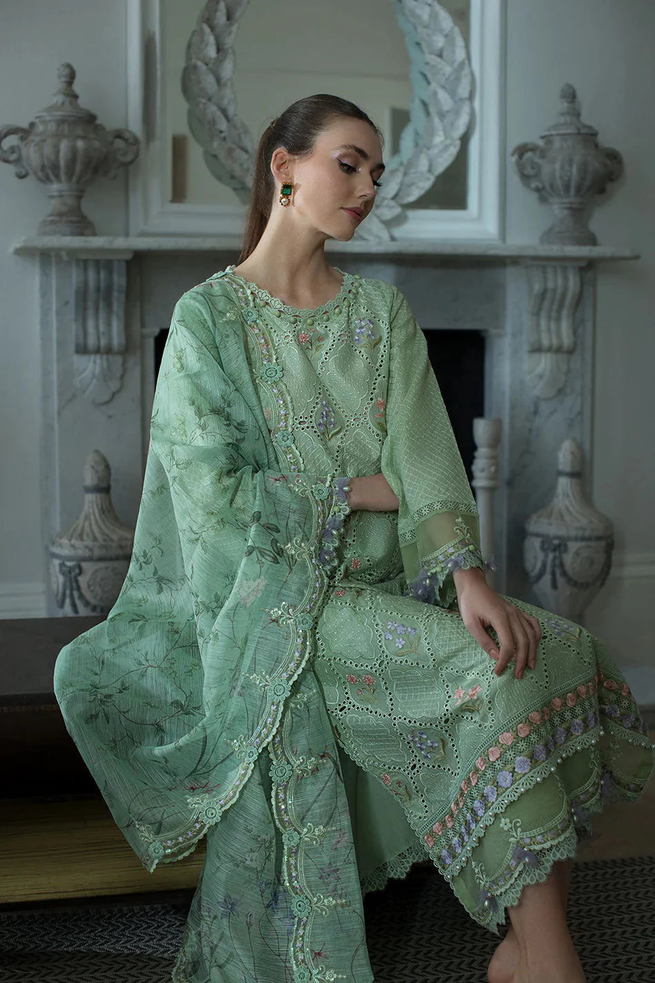 SOBIA NAZIR-3PC LAWN EMBROIDERED SHIRT WITH CHIFFON PRINTED EMB DUPATTA AND TROUSER-BIC-4616 Asasay Fakhir
