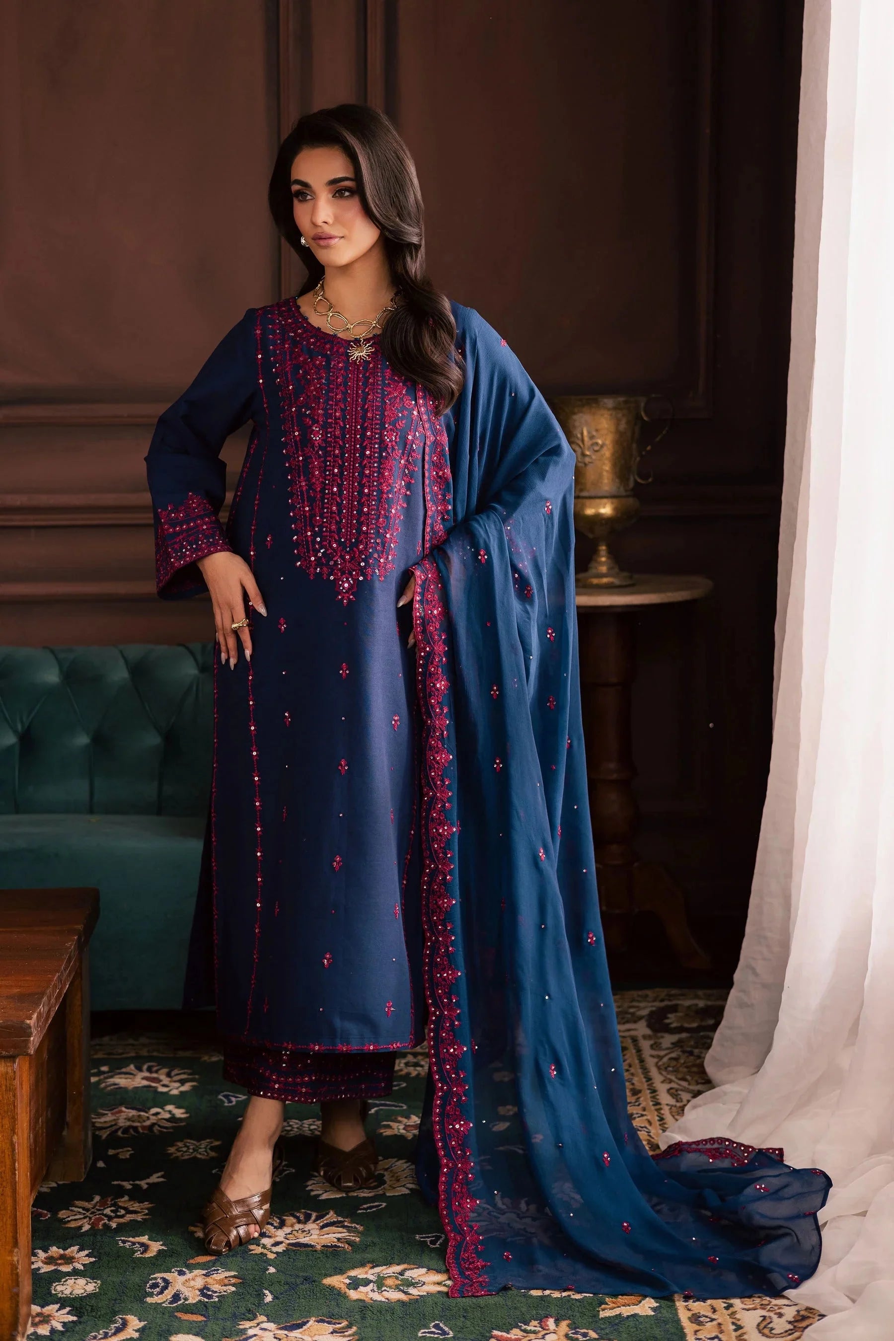 BATIK-3PC LAWN SEQUIN EMBROIDERED SHIRT WITH CHIFFON EMBROIDERED DUPATTA AND TROUSER-BIC-4878 Asasay Fakhir