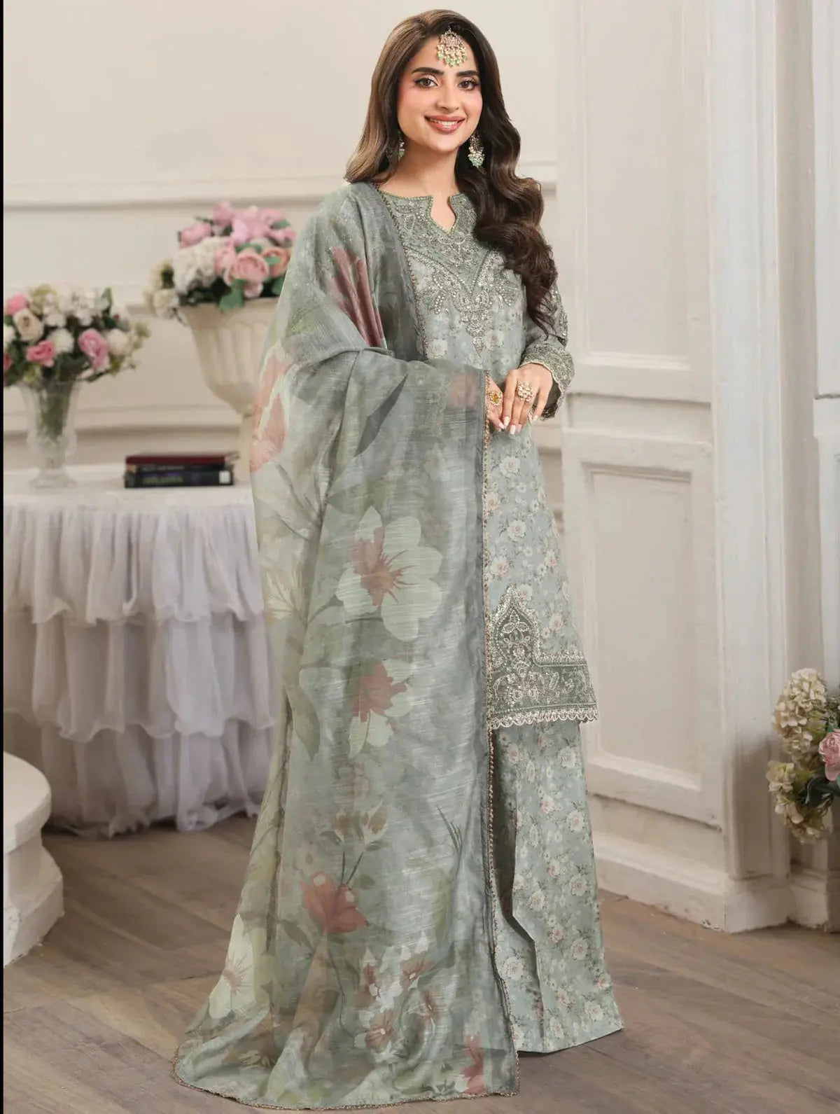 MOHAGNI-3PC LAWN PRINTED EMBROIDERED SHIRT WITH SILK PRINTED DUPATTA AND PRINTED TROUSER-BIC-008 Asasayfakhir