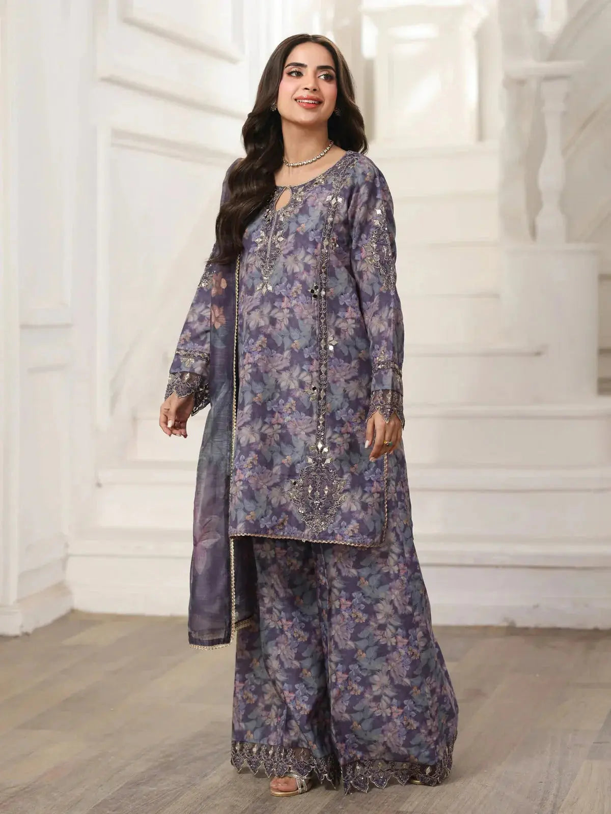 MOHAGNI-3PC LAWN PRINTED EMBROIDERED SHIRT WITH SILK PRINTED DUPATTA AND PRINTED EMB TROUSER-006 Asasay Fakhir