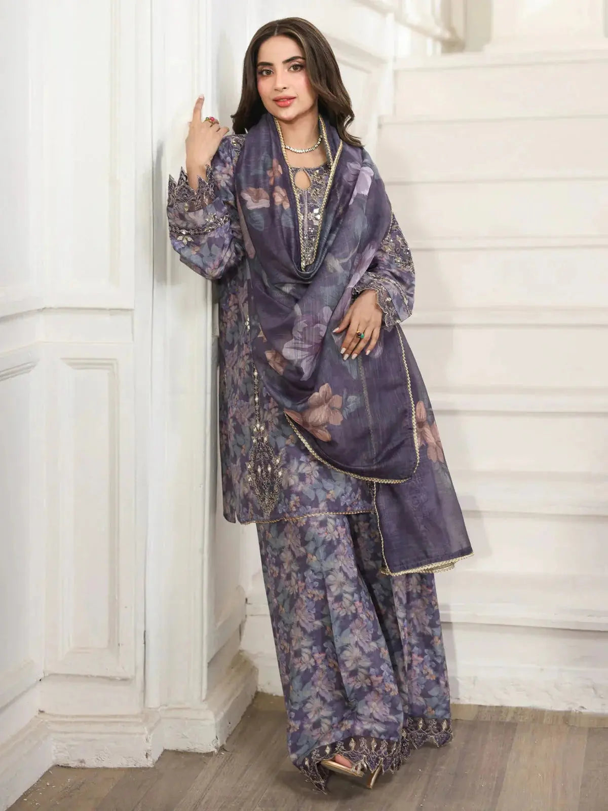 MOHAGNI-3PC LAWN PRINTED EMBROIDERED SHIRT WITH SILK PRINTED DUPATTA AND PRINTED EMB TROUSER-006 Asasay Fakhir