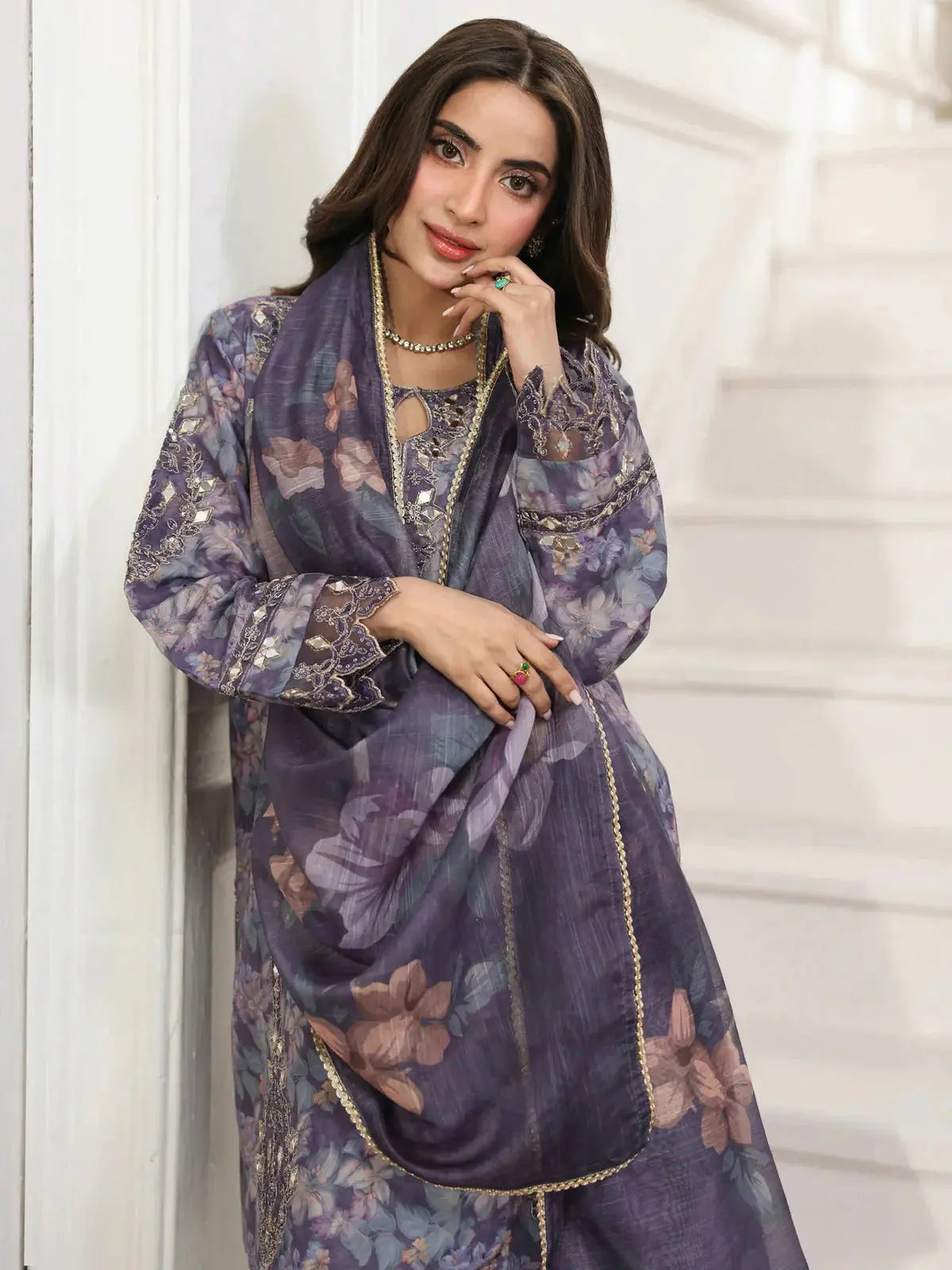 MOHAGNI-3PC LAWN PRINTED EMBROIDERED SHIRT WITH SILK PRINTED DUPATTA AND PRINTED EMB TROUSER-006 Asasay Fakhir