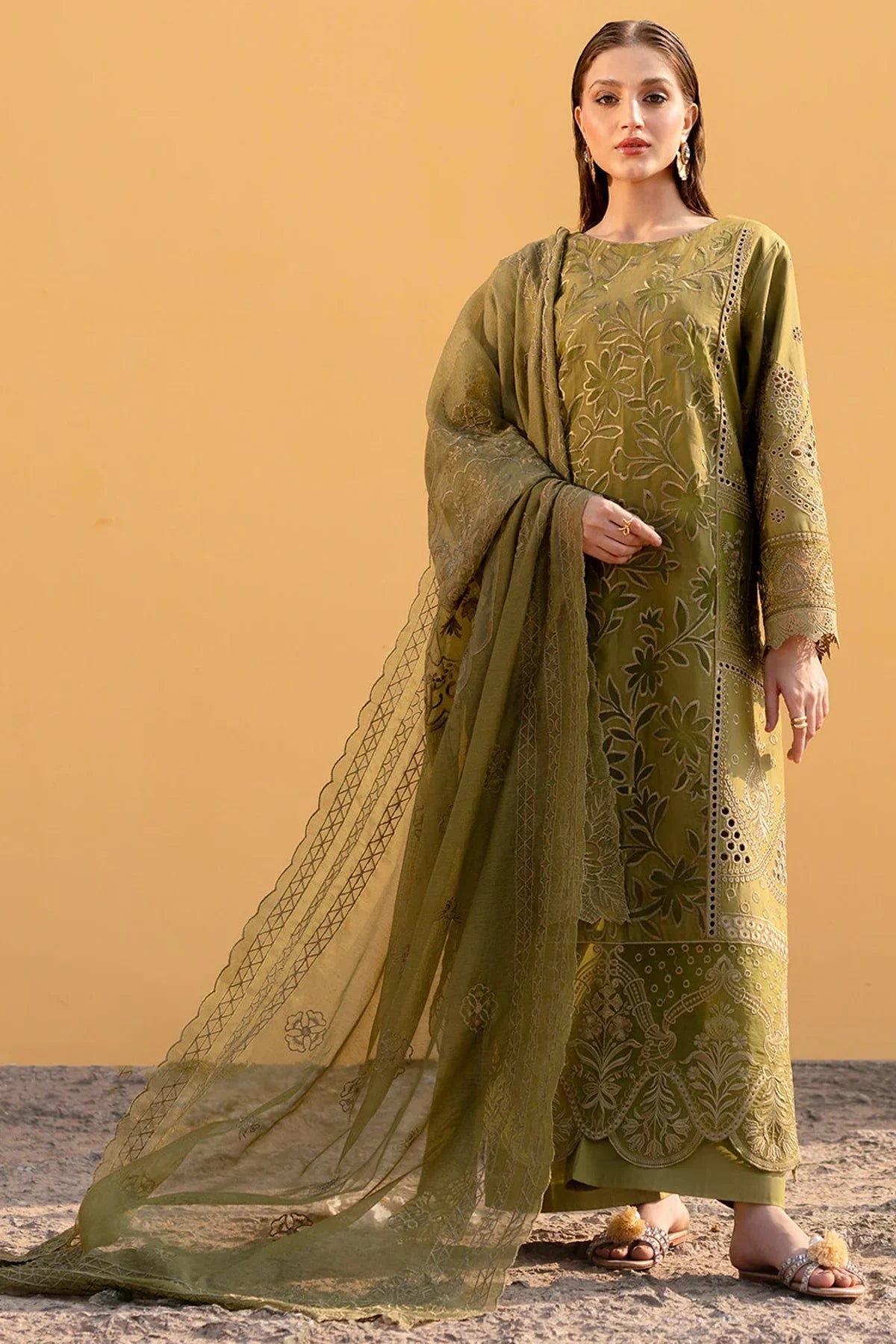 MAHNUR-3PC LAWN LASER WORK EMBROIDERED SHIRT WITH KHAADI NET EMBROIDERED DUPATTA AND TROUSER -BIC-4742 Asasay Fakhir
