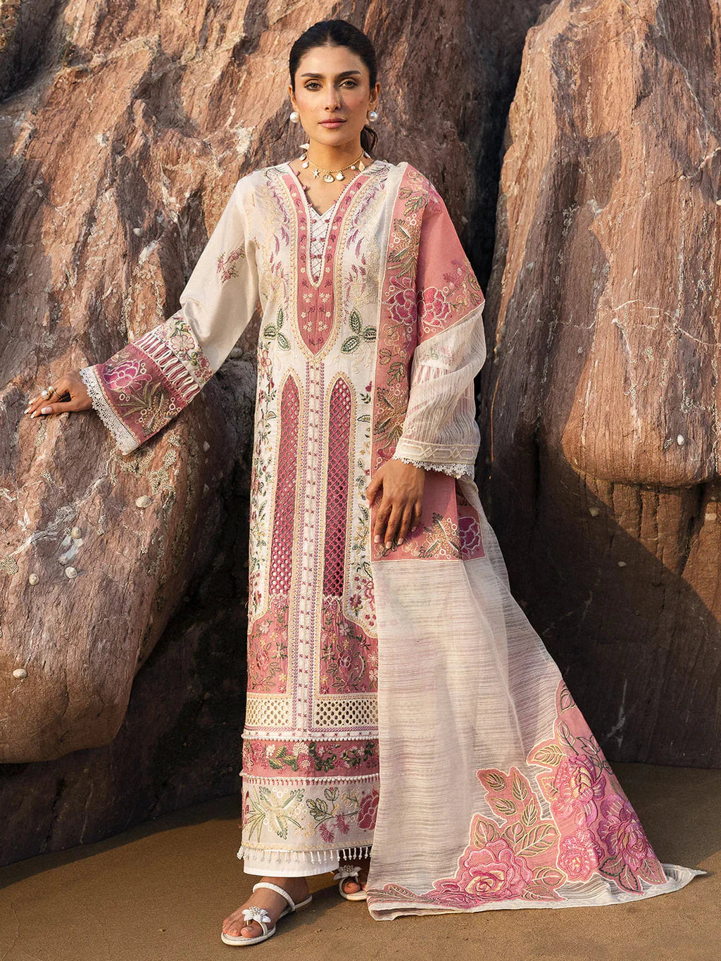 MAHNUR-3PC LAWN CHIKAN HEAVY EMBROIDERED SHIRT WITH KHADDI NET EMBROIDERED DUPATTA AND TROUSER-BIC-4734 Asasay Fakhir