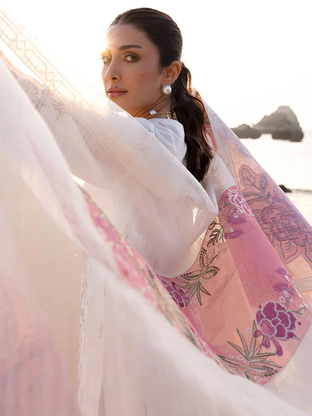 MAHNUR-3PC LAWN CHIKAN HEAVY EMBROIDERED SHIRT WITH KHADDI NET EMBROIDERED DUPATTA AND TROUSER-BIC-4734 Asasay Fakhir
