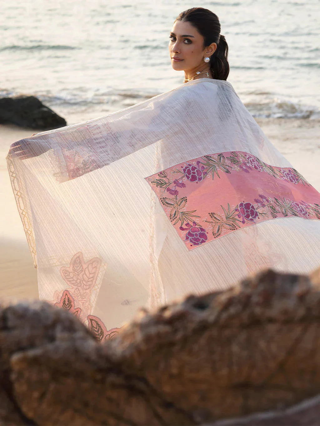 MAHNUR-3PC LAWN CHIKAN HEAVY EMBROIDERED SHIRT WITH KHADDI NET EMBROIDERED DUPATTA AND TROUSER-BIC-4734 Asasay Fakhir