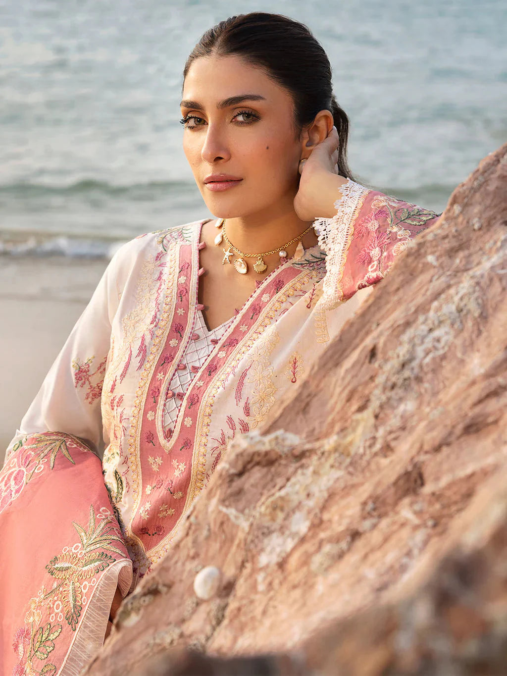 MAHNUR-3PC LAWN CHIKAN HEAVY EMBROIDERED SHIRT WITH KHADDI NET EMBROIDERED DUPATTA AND TROUSER-BIC-4734 Asasay Fakhir