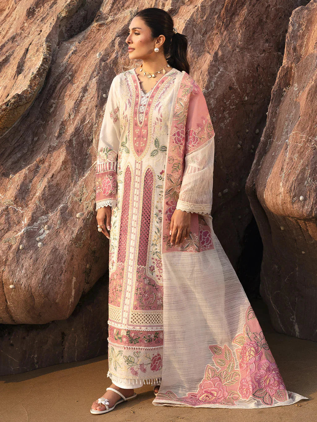 MAHNUR-3PC LAWN CHIKAN HEAVY EMBROIDERED SHIRT WITH KHADDI NET EMBROIDERED DUPATTA AND TROUSER-BIC-4734 Asasay Fakhir
