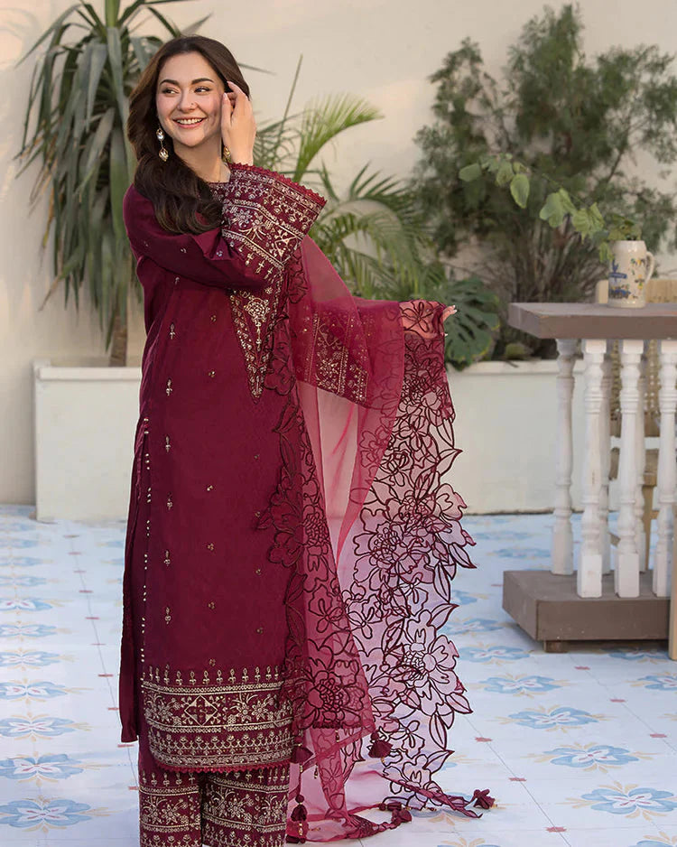 QALAMQAR-3PC LAWN EMBROIDERED SHIRT WITH ORGANZA EMBROIDERED DUPATTA AND EMB TROUSER-BIC-4532 Asasay Fakhir