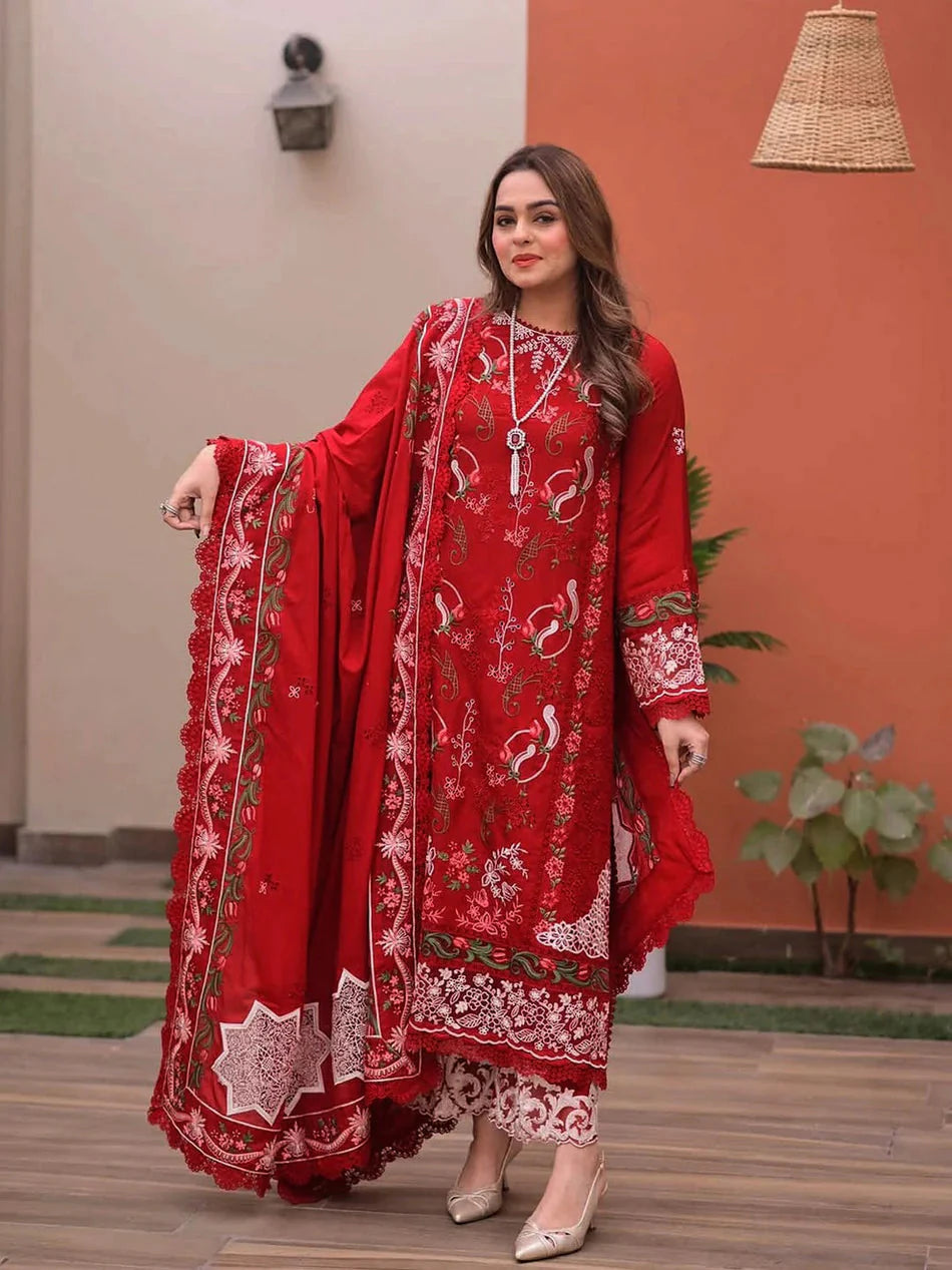 ANEELAS-3PC LAWN CHIKAN EMBROIDERED SHIRT WITH LAWN EMB DUPATTA AND TROUSER-BIC-4813 Asasay Fakhir