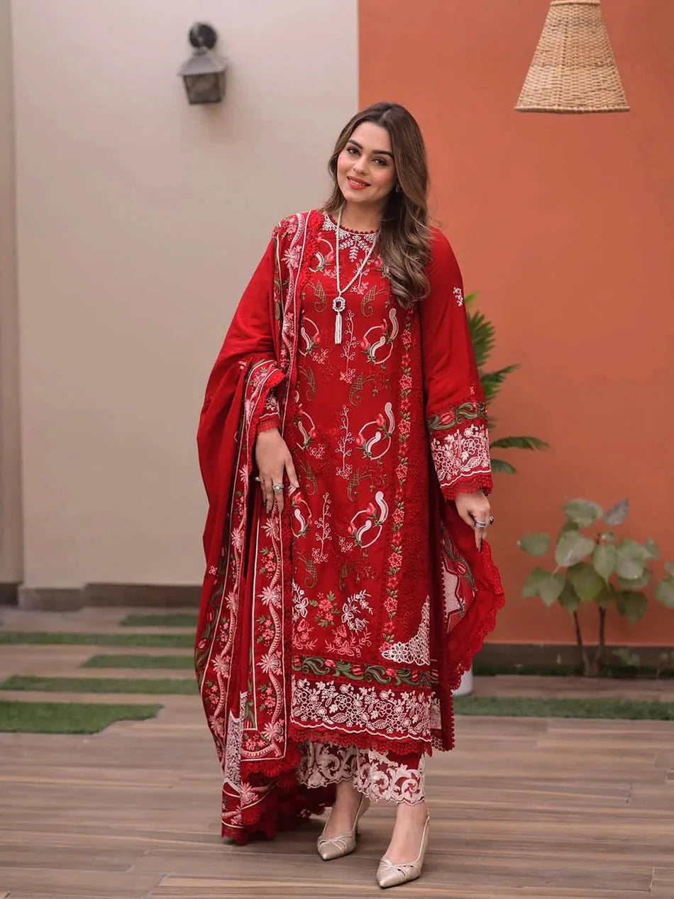 ANEELAS-3PC LAWN CHIKAN EMBROIDERED SHIRT WITH LAWN EMB DUPATTA AND TROUSER-BIC-4813 Asasay Fakhir