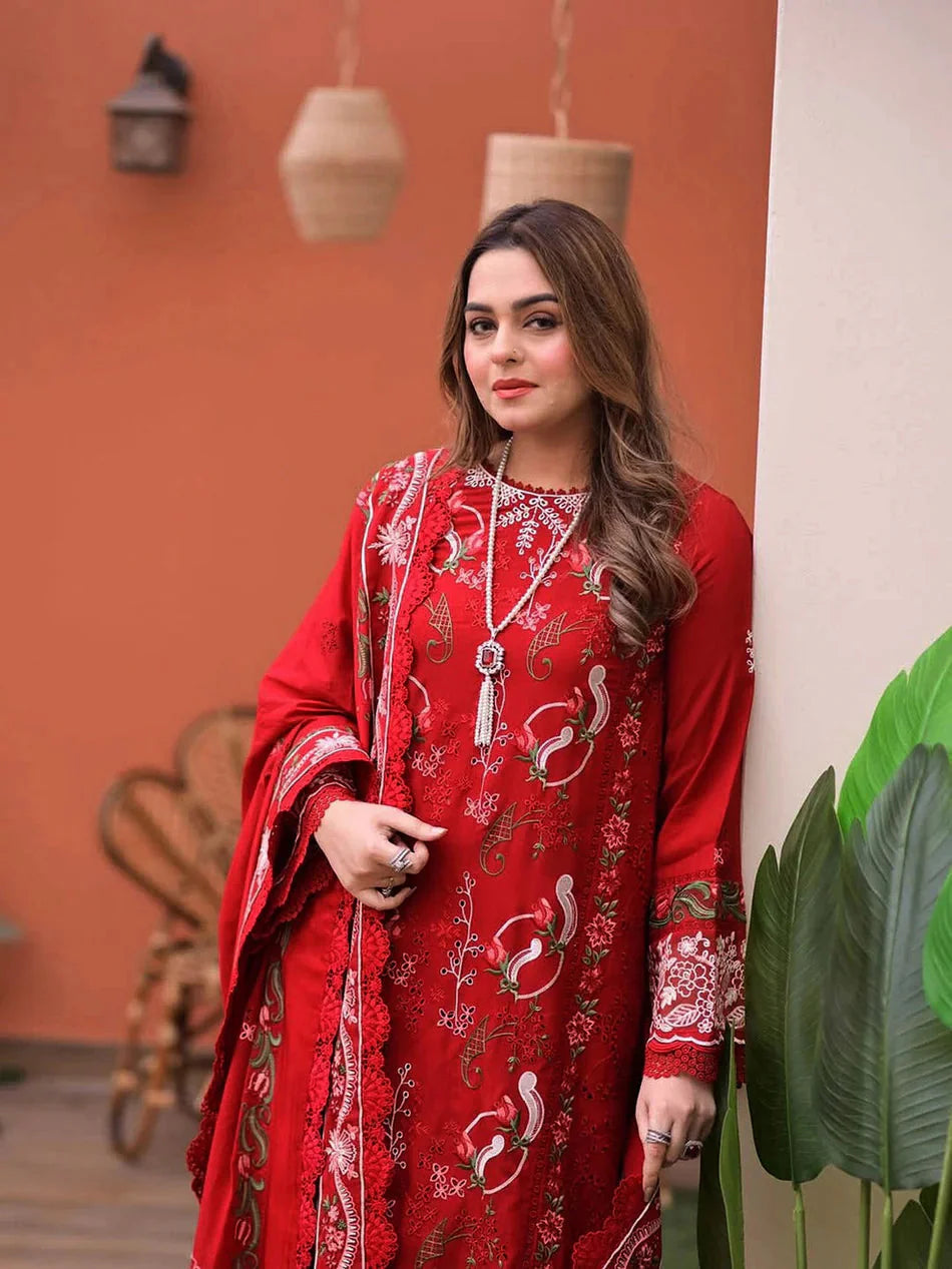 ANEELAS-3PC LAWN CHIKAN EMBROIDERED SHIRT WITH LAWN EMB DUPATTA AND TROUSER-BIC-4813 Asasay Fakhir