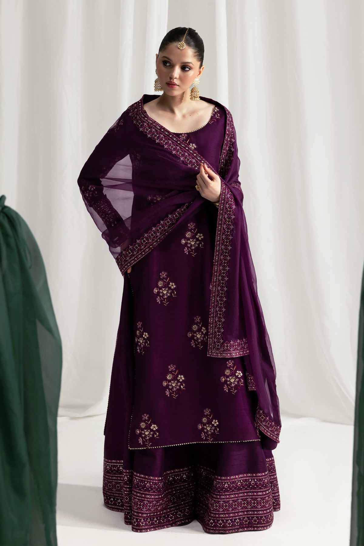 ZAIB-3PC HANDMADE EMBELLISHED SILK EMBROIDERED SHIRT WITH BAMBER CHIFFON DUPATTA AND TROUSER-BIC-4879 Asasay Fakhir