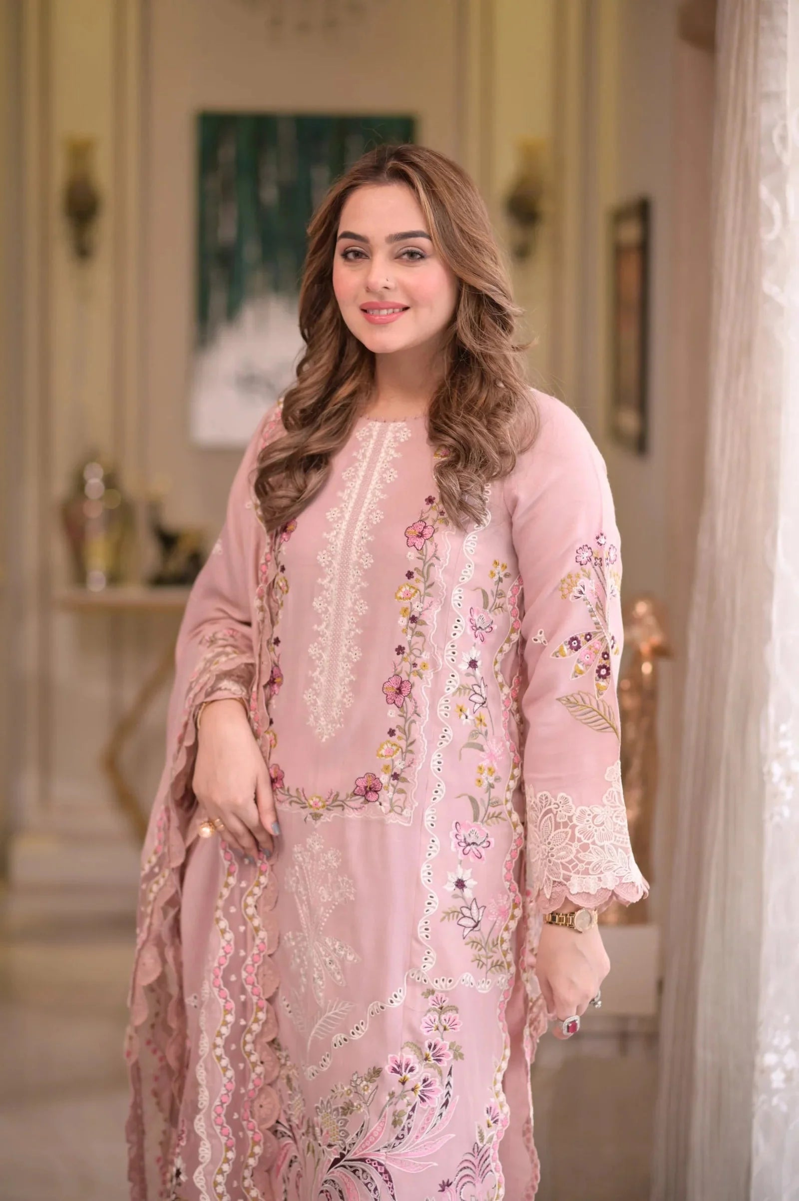 ANEELAS-3PC LAWN CHIKAN EMBROIDERED SHIRT WITH LAWN EMB DUPATTA AND TROUSER-BIC-4667 Asasay Fakhir